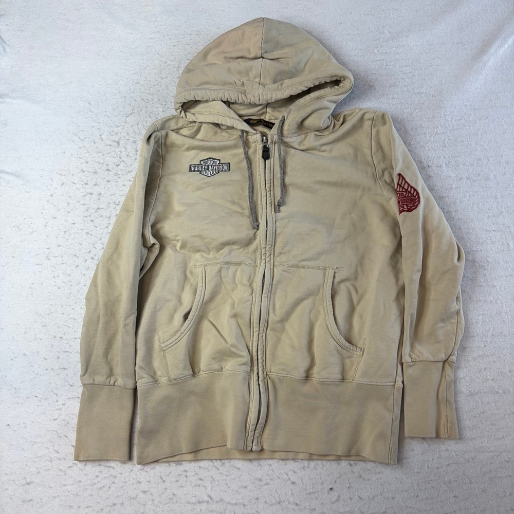Harley Davidson Zip Up Hoodie Womens XL Tan Tiger Embroidered Biker